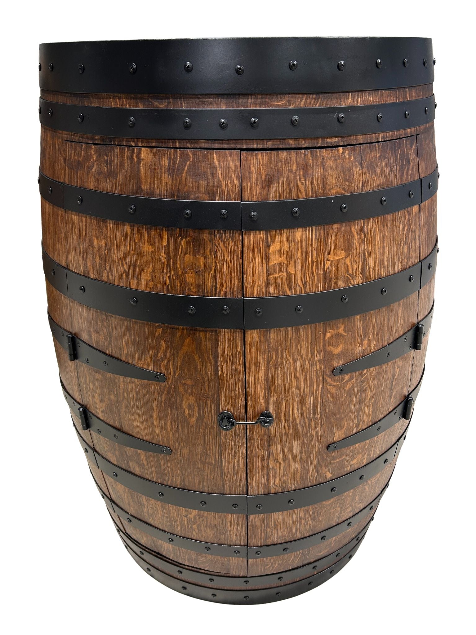 Handcrafted wine barrel mini bar with bottle and glass storage – rustic home bar furniture
