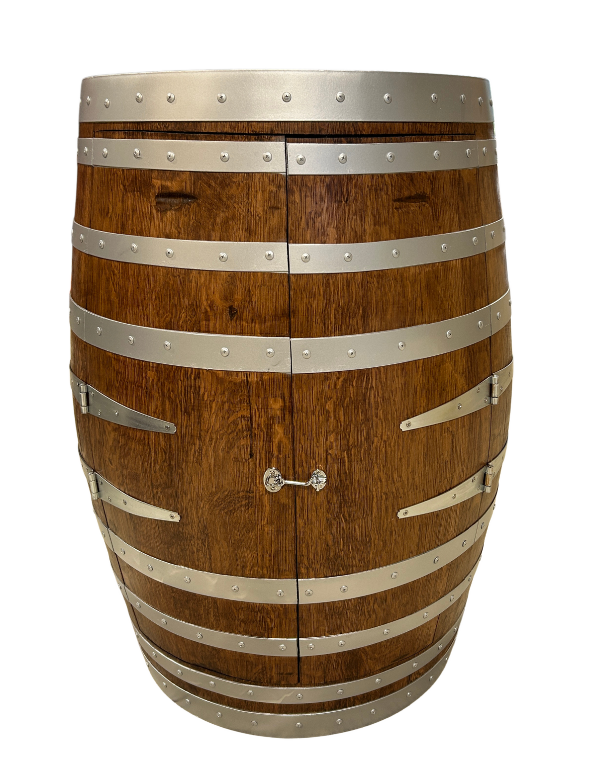 Half wine barrel bar in Walnut stain with silver hoops