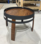 Wine barrel coffee table in walnut stain with matte black steel hoops