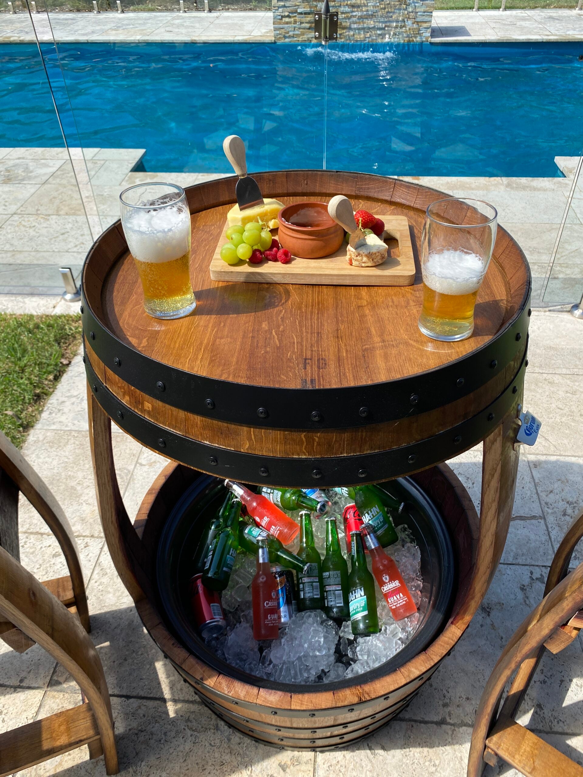 Rustic wine barrel esky with removable ice tub and built-in bottle opener – perfect for outdoor entertaining