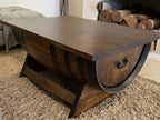 Rustic wine barrel coffee table with lift-top desk and hidden storage – handcrafted furniture for home or office