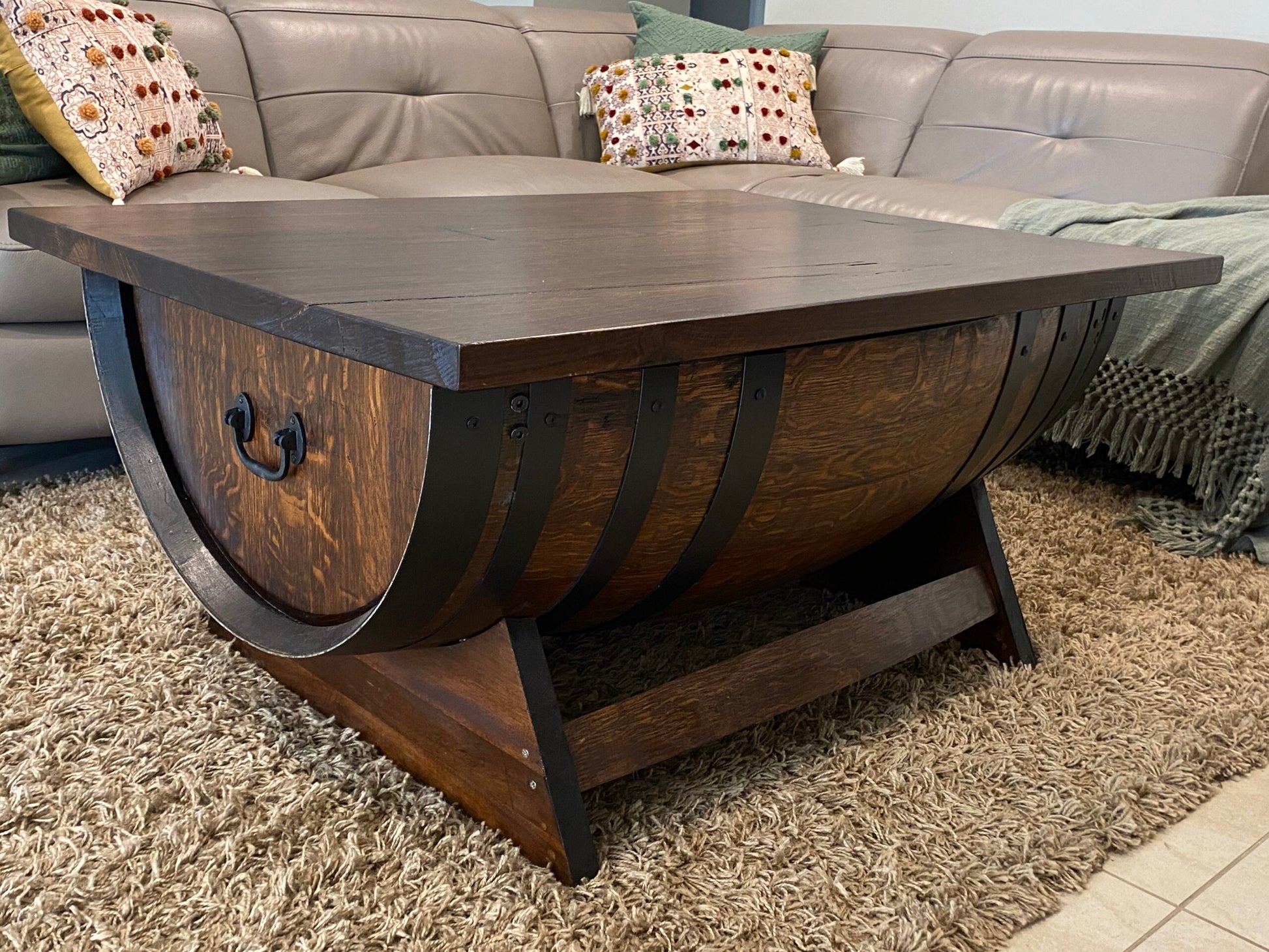 Rustic wine barrel coffee table with lift-top desk and hidden storage – handcrafted furniture for home or office