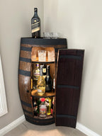 Handcrafted wine barrel corner mini bar with storage – rustic home bar furniture