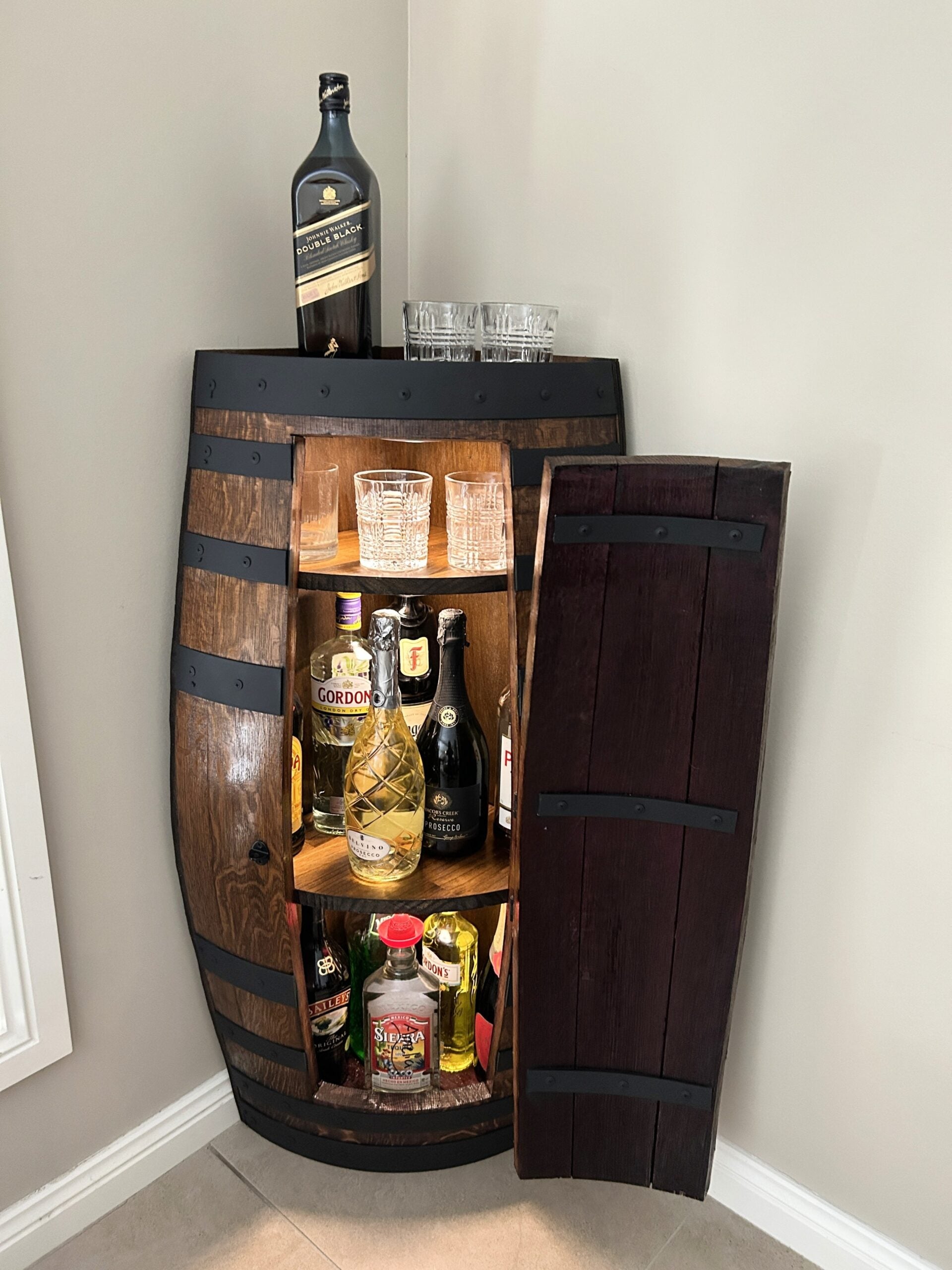 Handcrafted wine barrel corner mini bar with storage – rustic home bar furniture