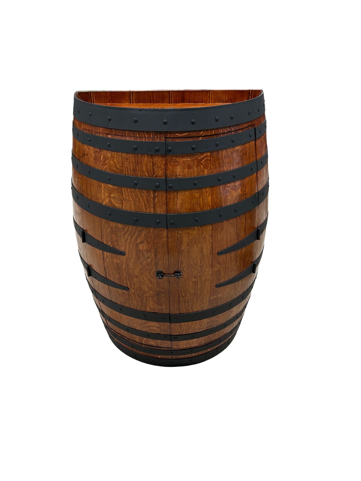 Handcrafted wine barrel mini bar with bottle and glass storage – rustic home bar furniture