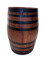 Refurbished full wine barrel with rich jarrah finish and black steel bands, handcrafted from authentic oak wine barrels.