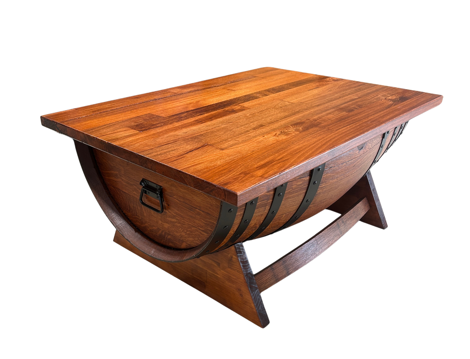 Half wine barrel coffee table with lift-top storage and solid timber top -Jarrah stain with black steel Satin hoops