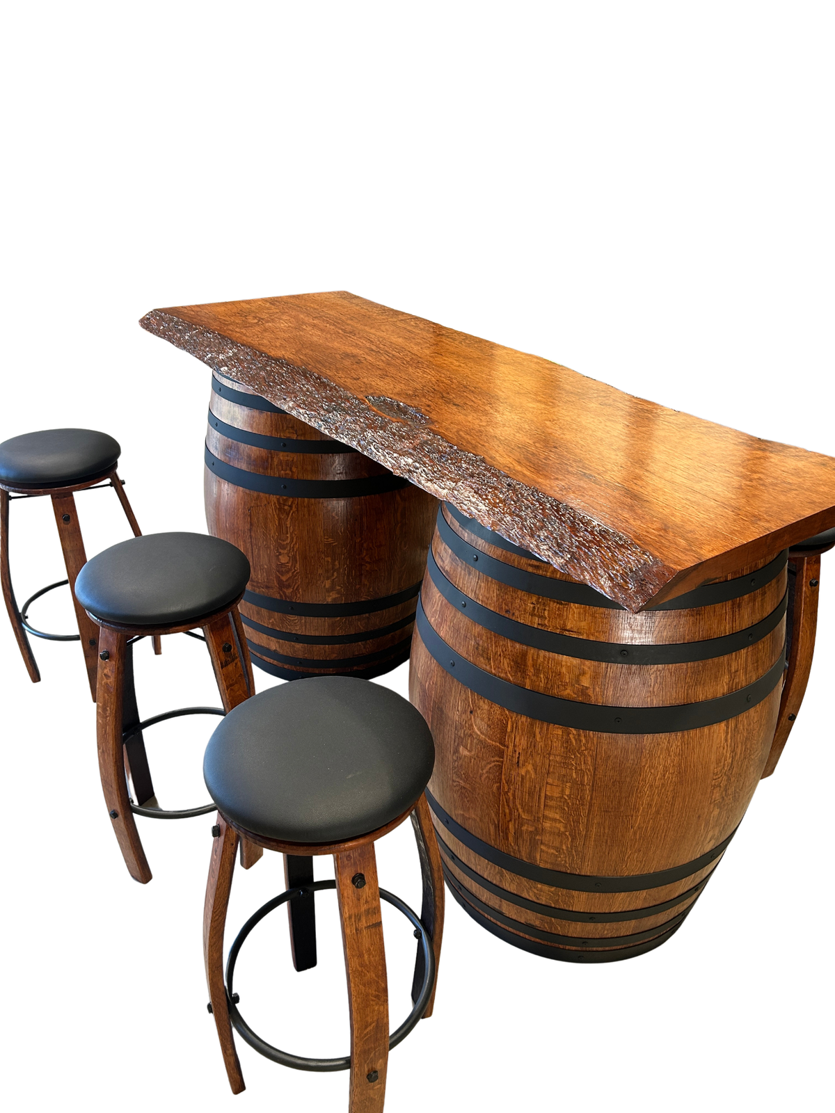 Two-barrel live-edge timber bar with matching wine barrel stave stools.