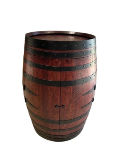Handcrafted wine barrel mini bar with bottle and glass storage – rustic home bar furniture