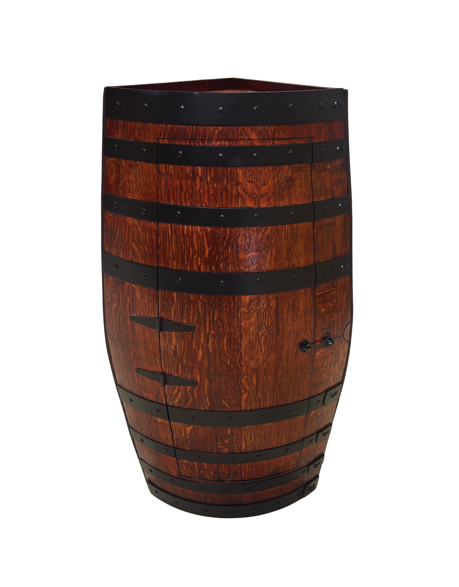 Corner wine barrel bar in mahogany stain with satin black steel hoops