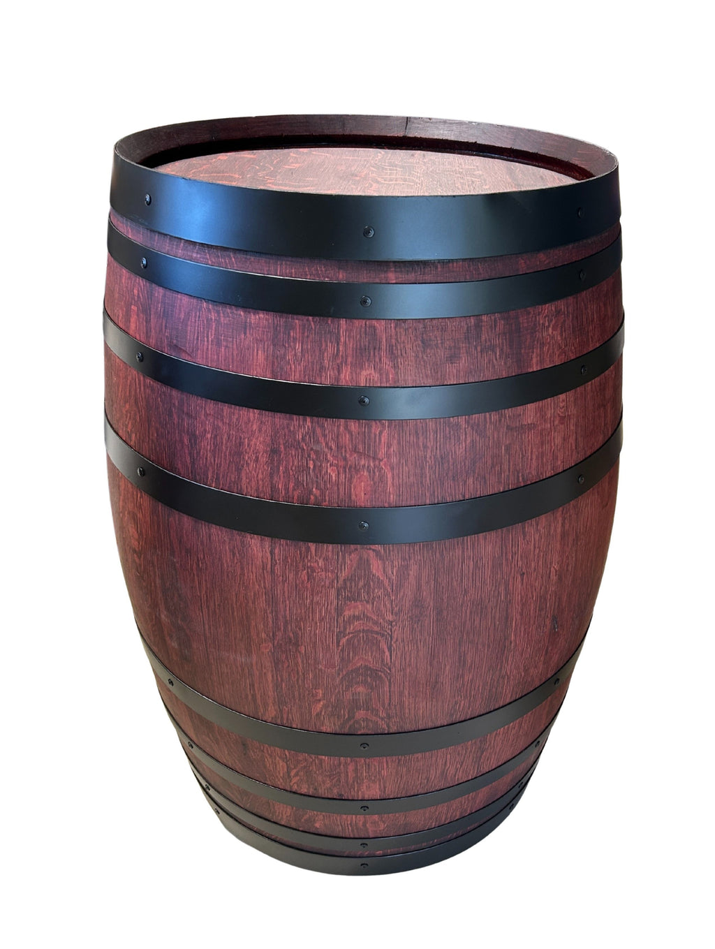 Refurbished full wine barrel with rich mahogany finish and black steel bands, handcrafted from authentic oak wine barrels.