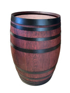 Refurbished full wine barrel with rich mahogany finish and black steel bands, handcrafted from authentic oak wine barrels.