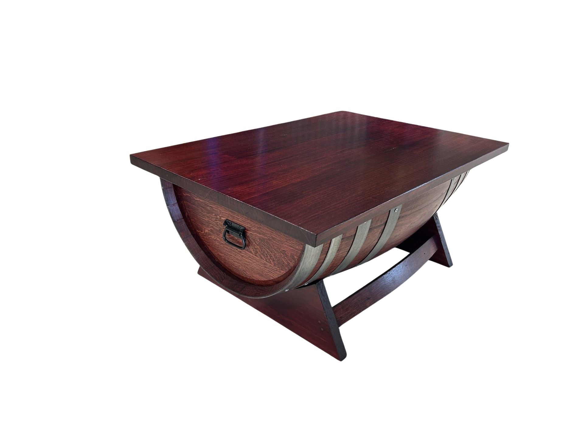 Rustic wine barrel coffee table with lift-top desk and hidden storage – handcrafted furniture for home or office
