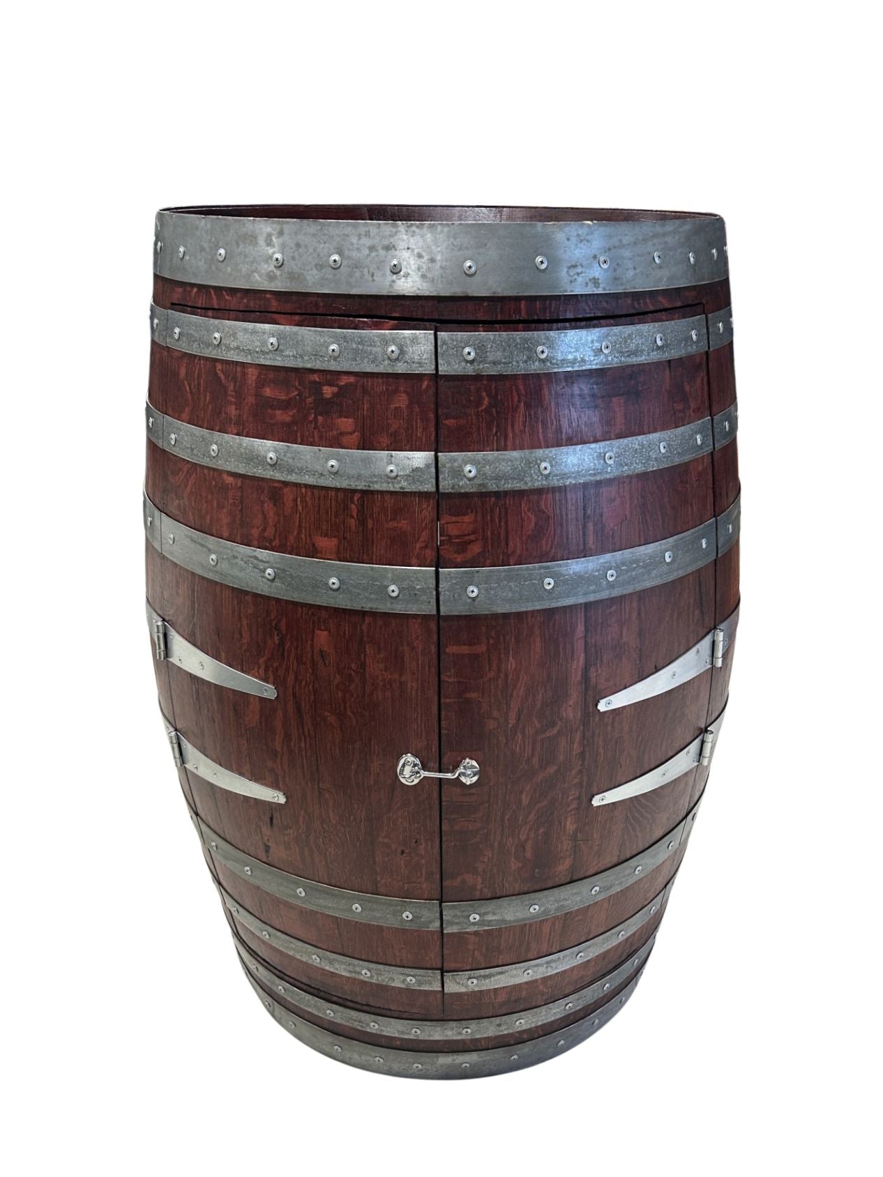 Handcrafted wine barrel mini bar with bottle and glass storage – rustic home bar furniture