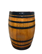 Refurbished full wine barrel with rich maple finish and black steel bands, handcrafted from authentic oak wine barrels.