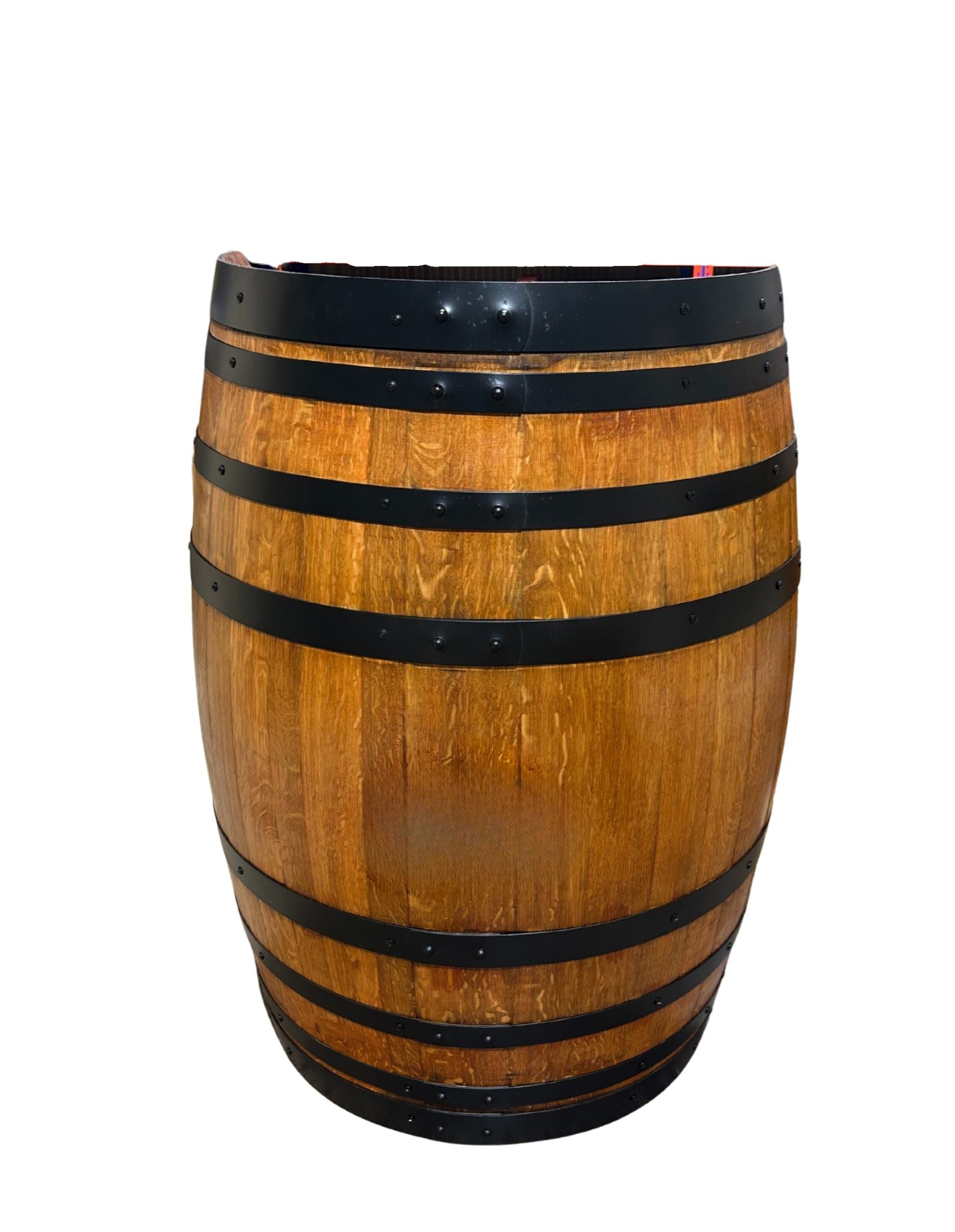 Refurbished full wine barrel with rich maple finish and black steel bands, handcrafted from authentic oak wine barrels.