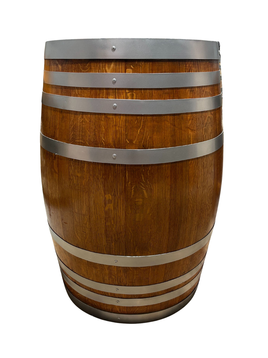 Refurbished full wine barrel with rich maple finish and silver steel bands, handcrafted from authentic oak wine barrels.