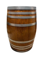 Refurbished full wine barrel with rich maple finish and silver steel bands, handcrafted from authentic oak wine barrels.