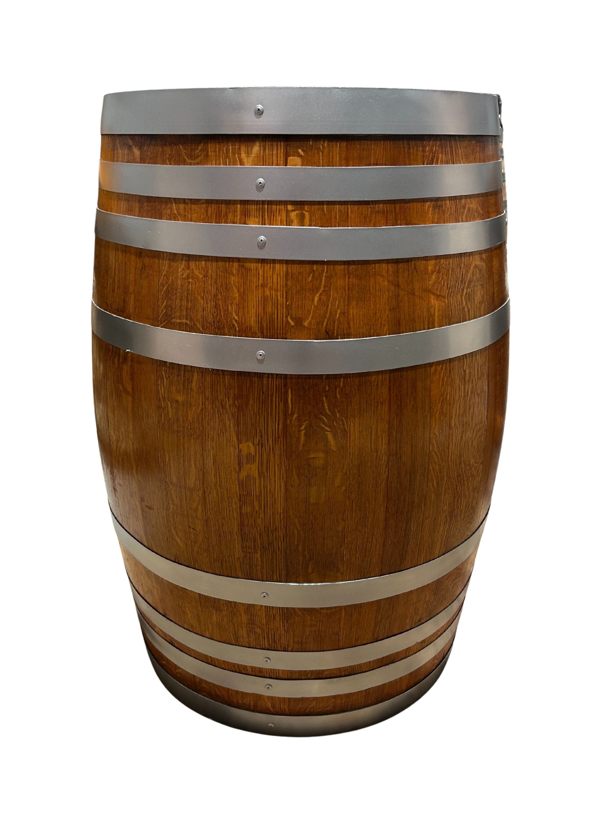 Refurbished full wine barrel with rich maple finish and silver steel bands, handcrafted from authentic oak wine barrels.