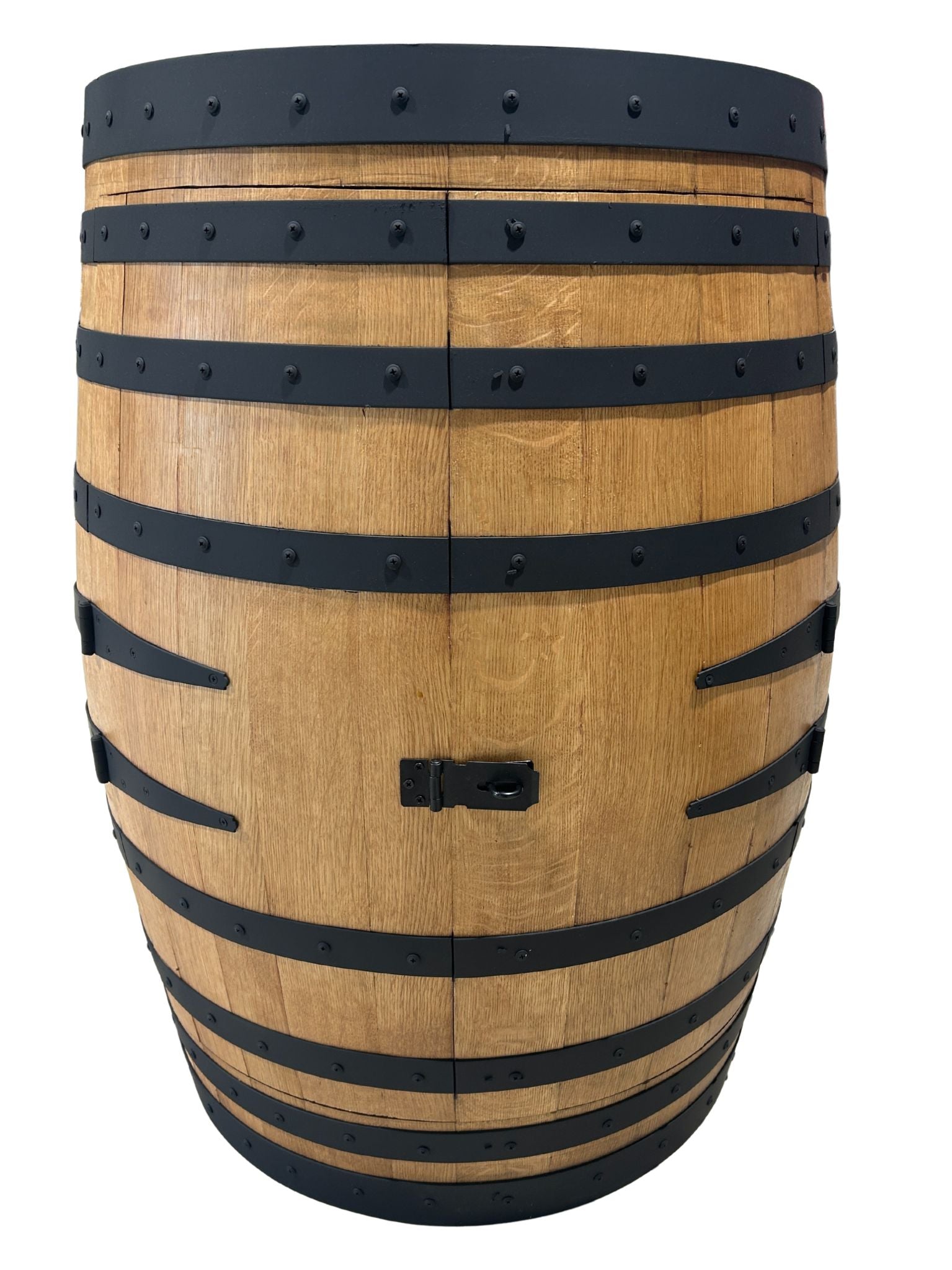 Handcrafted wine barrel mini bar with bottle and glass storage – rustic home bar furniture