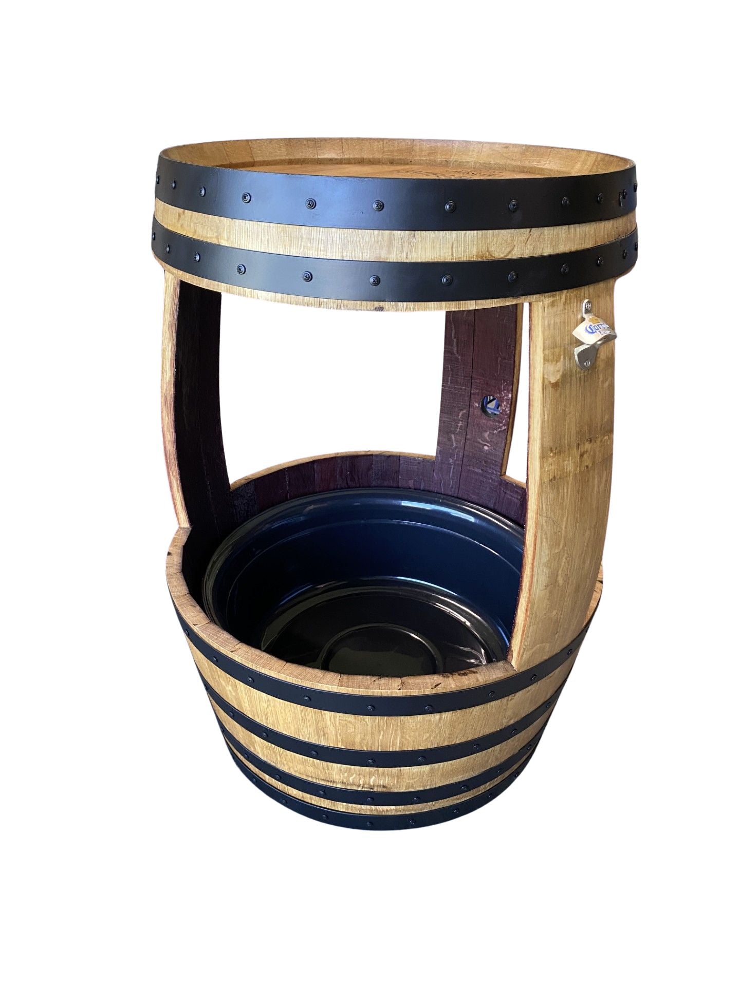 Rustic wine barrel esky with removable ice tub and built-in bottle opener – perfect for outdoor entertaining
