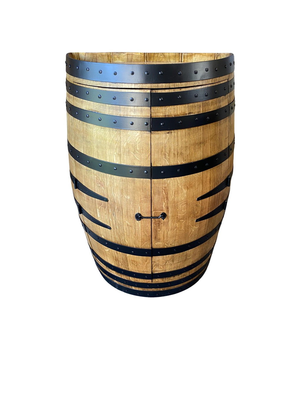 Handcrafted wine barrel mini bar with bottle and glass storage – rustic home bar furniture