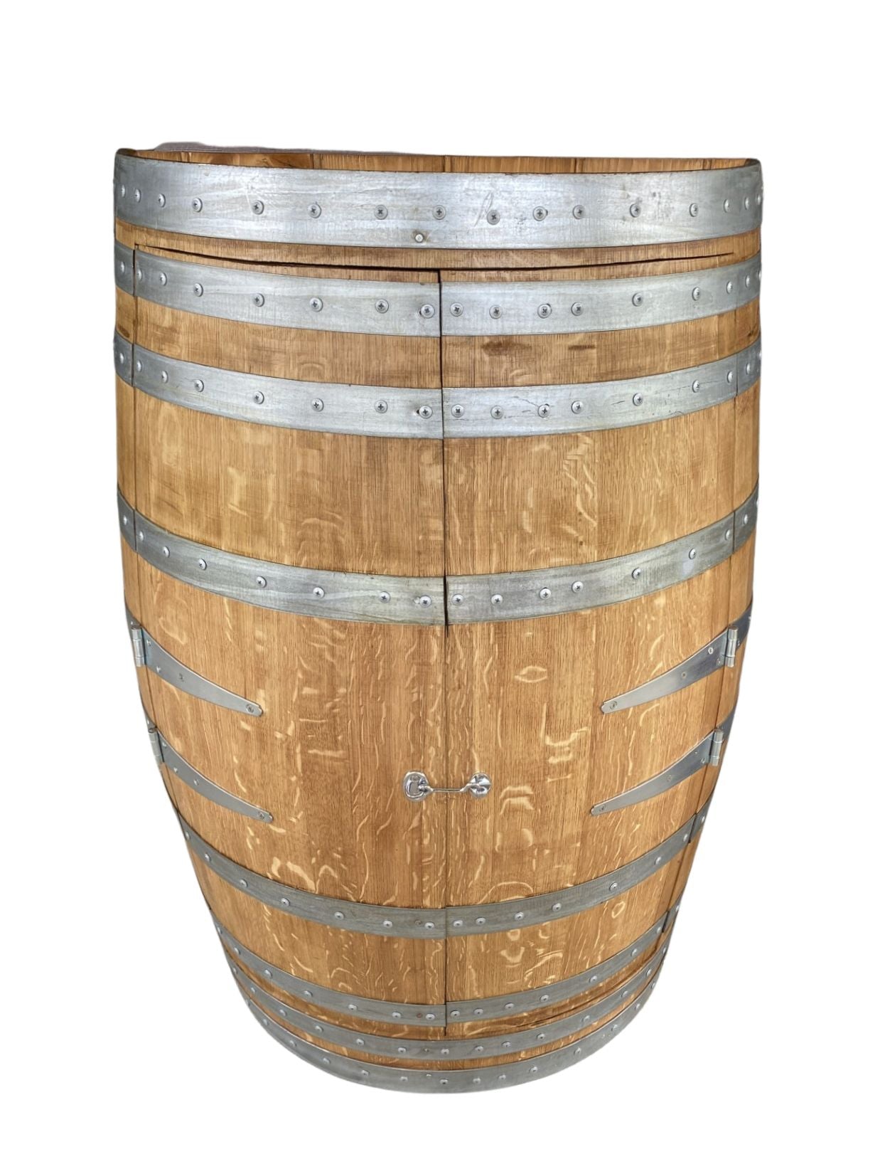 Handcrafted wine barrel mini bar with bottle and glass storage – rustic home bar furniture