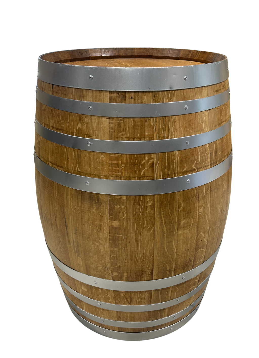 Refurbished full wine barrel in natural oak with silver bands handcrafted from authentic oak wine barrels.