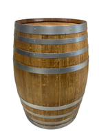 Refurbished full wine barrel in natural oak with silver bands handcrafted from authentic oak wine barrels.