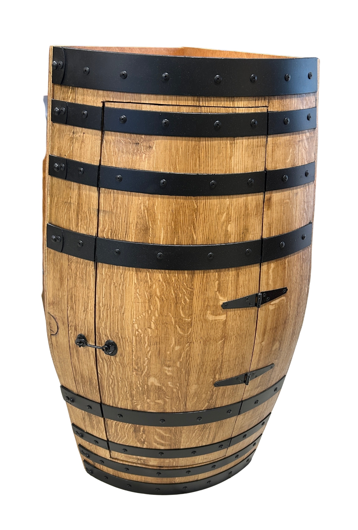 Corner wine barrel bar in natural oak with satin black steel hoops