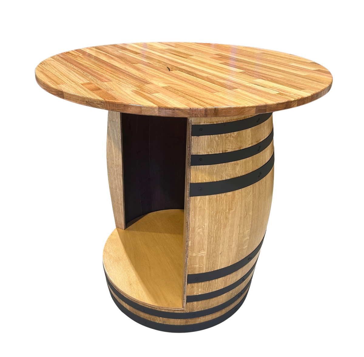 Wine barrel fridge cabinet with Tasmanian Oak top and matt black steel bands, natural oak, handcrafted in Australia.