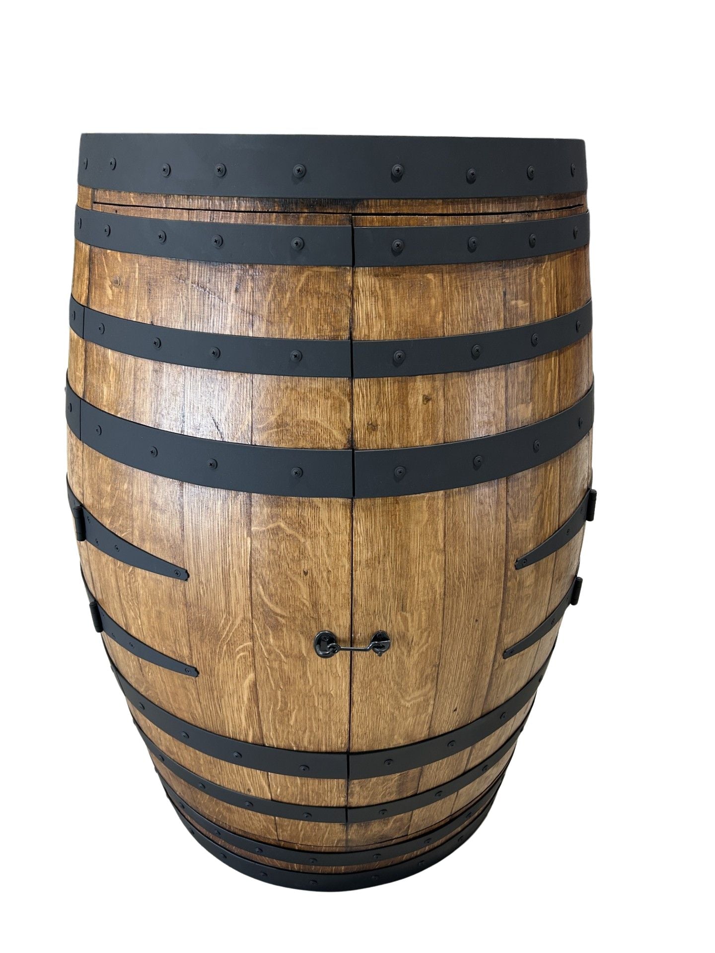 Handcrafted wine barrel mini bar with bottle and glass storage – rustic home bar furniture
