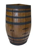 Corner wine barrel bar in oak stain with matte black steel hoops
