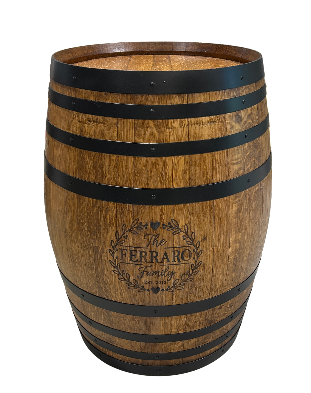 Refurbished full wine barrel in Oak stain with satin black steel bands handcrafted from authentic oak wine barrels.