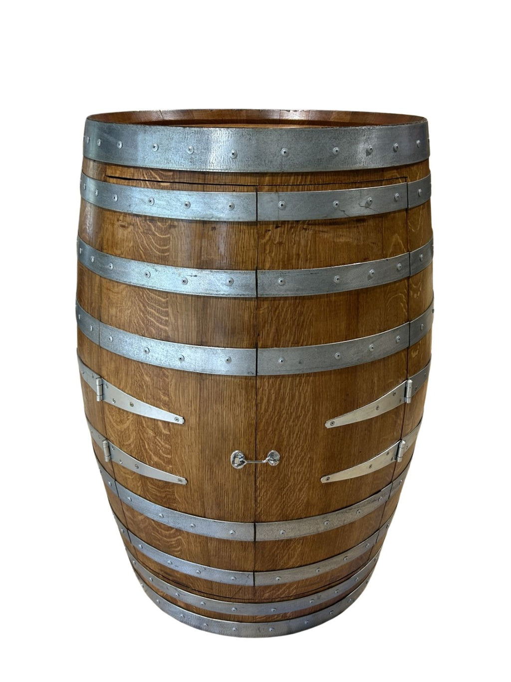 Handcrafted wine barrel mini bar with bottle and glass storage – rustic home bar furniture