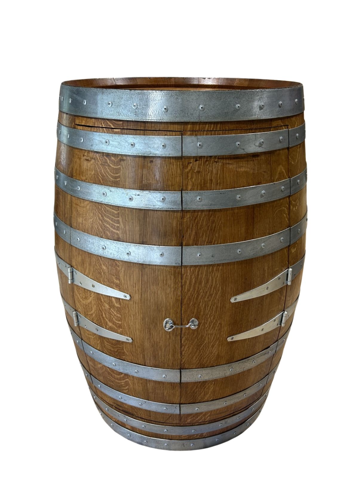 Handcrafted wine barrel mini bar with bottle and glass storage – rustic home bar furniture