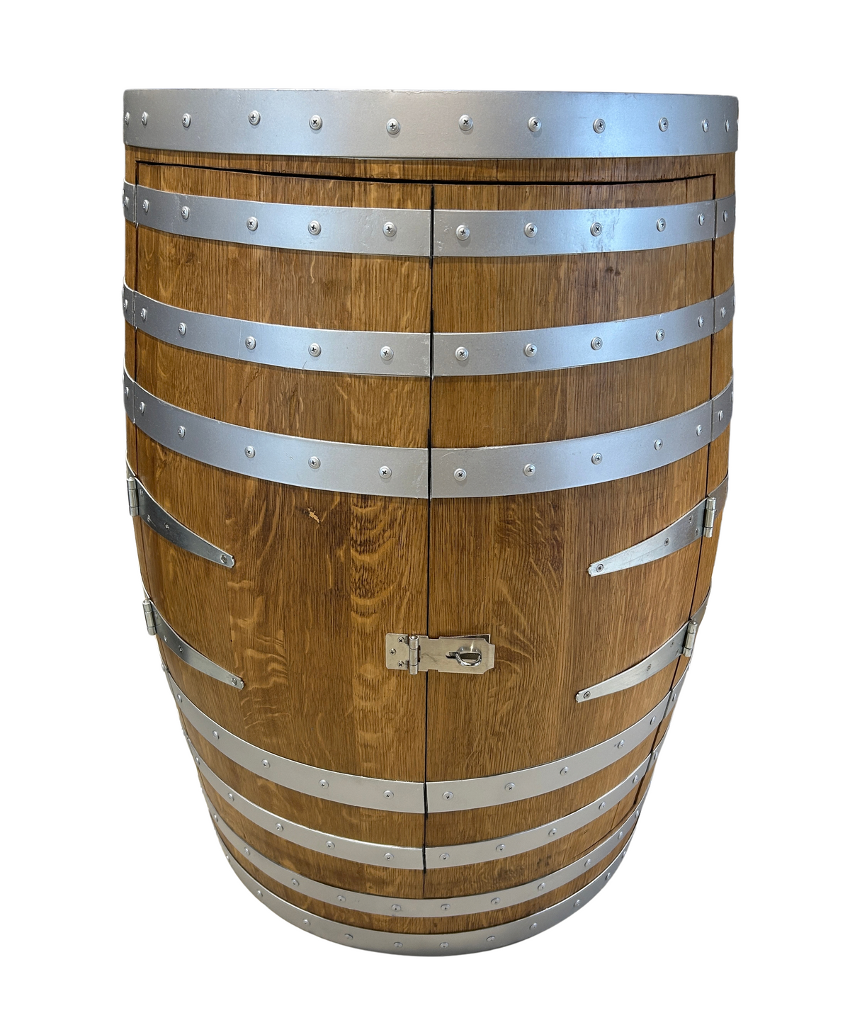 Half wine barrel bar in Old Baltic stain with silver hoops