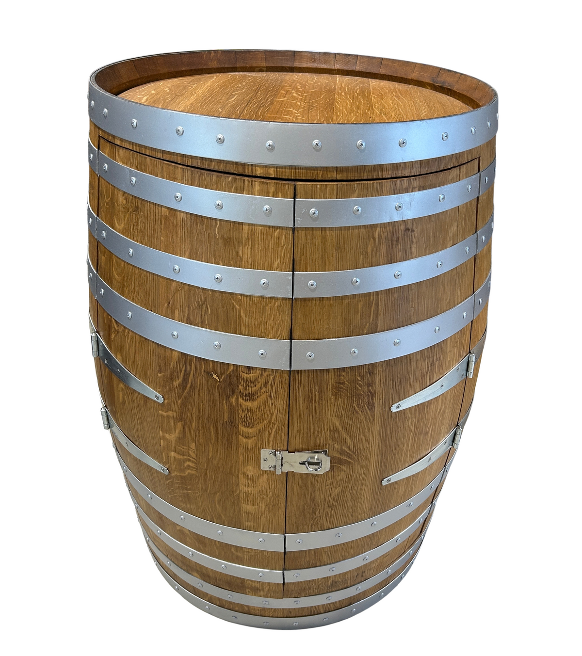 Full wine barrel bar in Old Baltic stain with silver hoops