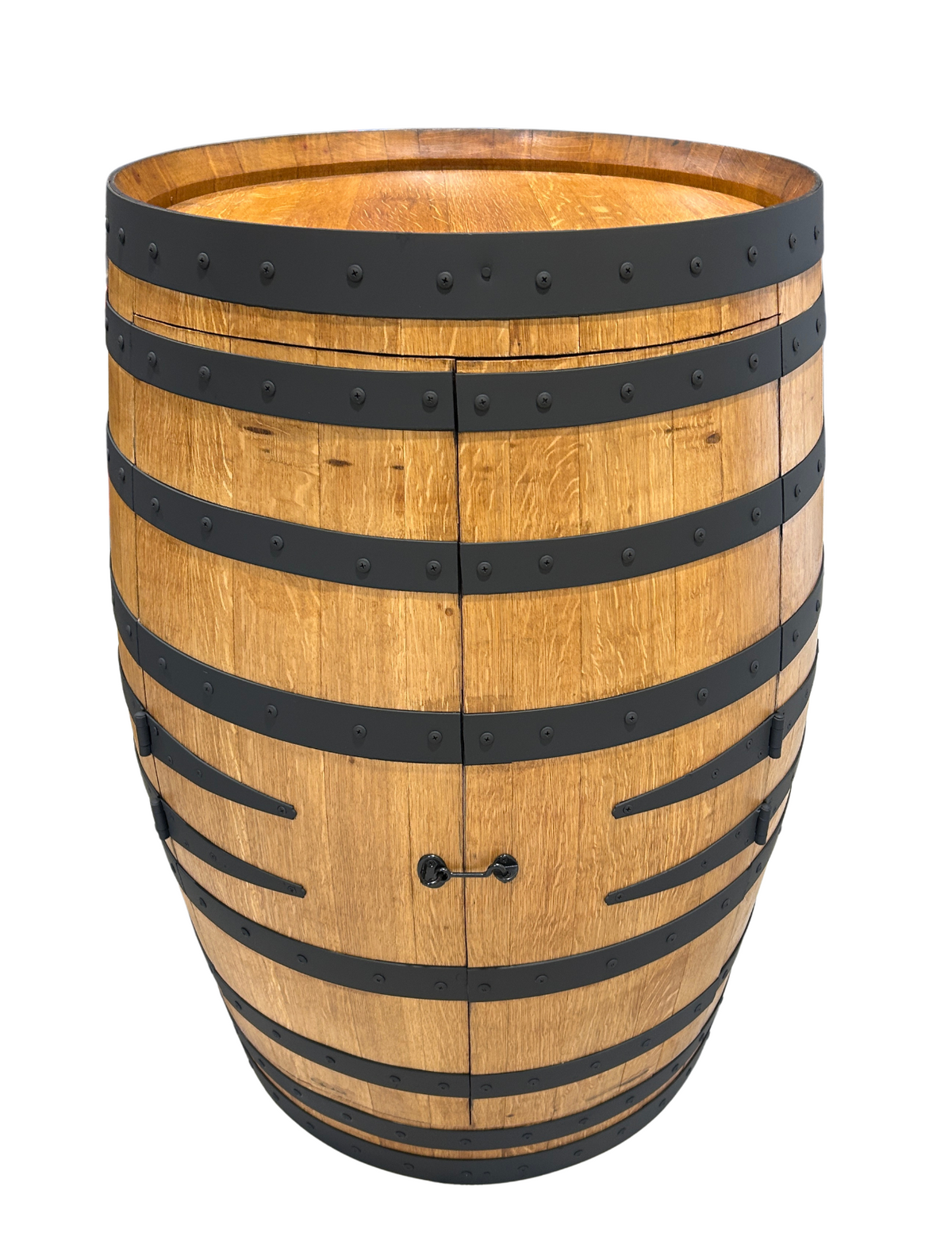 Full wine barrel bar in Old Baltic stain with black matt hoops