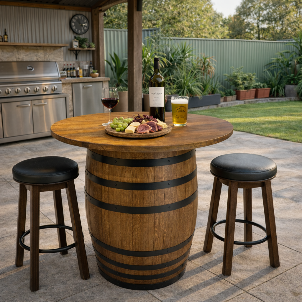 Tasmanian Oak Wine Barrel Table – 28mm Solid Tabletop