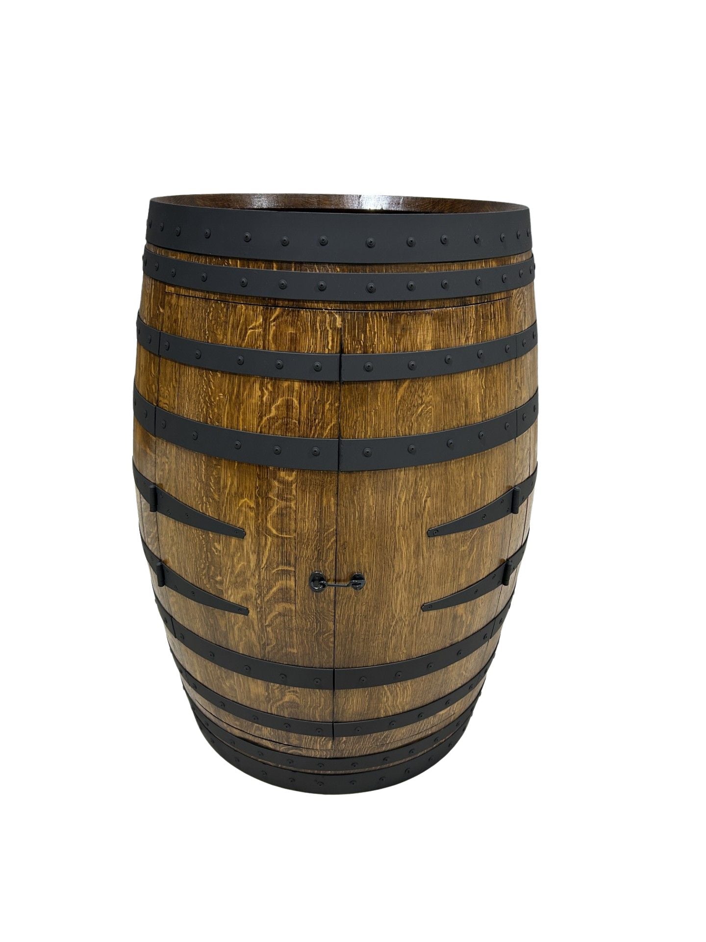 Handcrafted wine barrel mini bar with bottle and glass storage – rustic home bar furniture