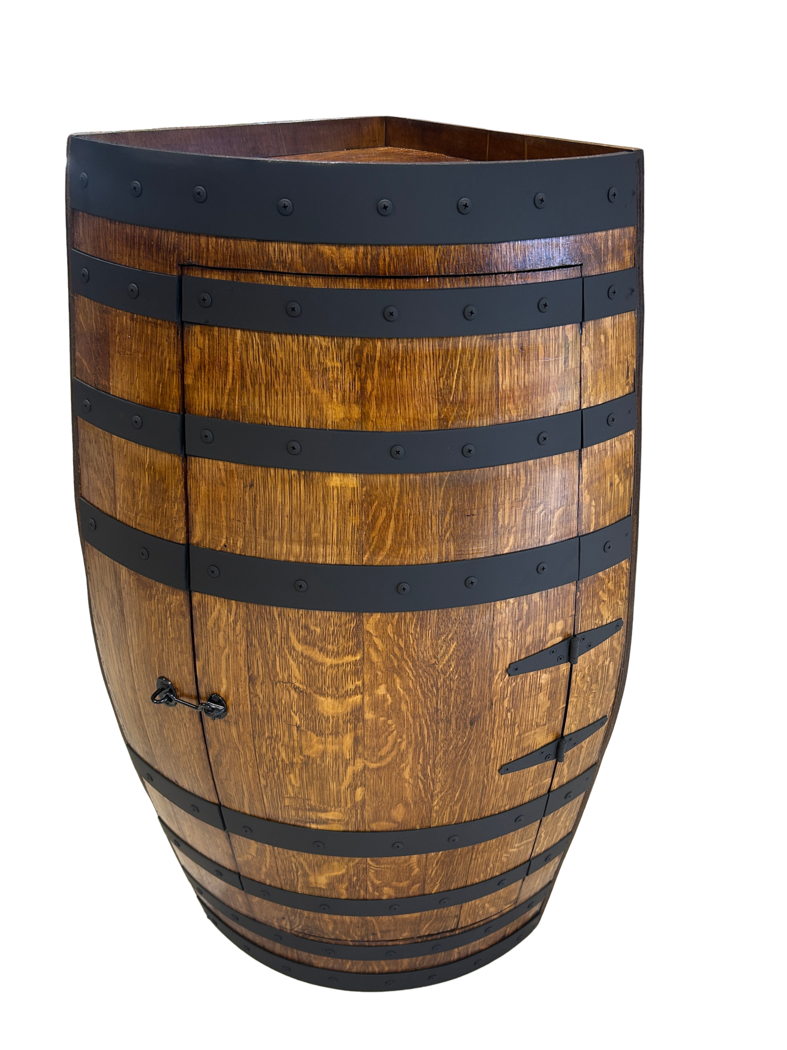 Corner wine barrel bar in teak brown stain with matte black steel hoops