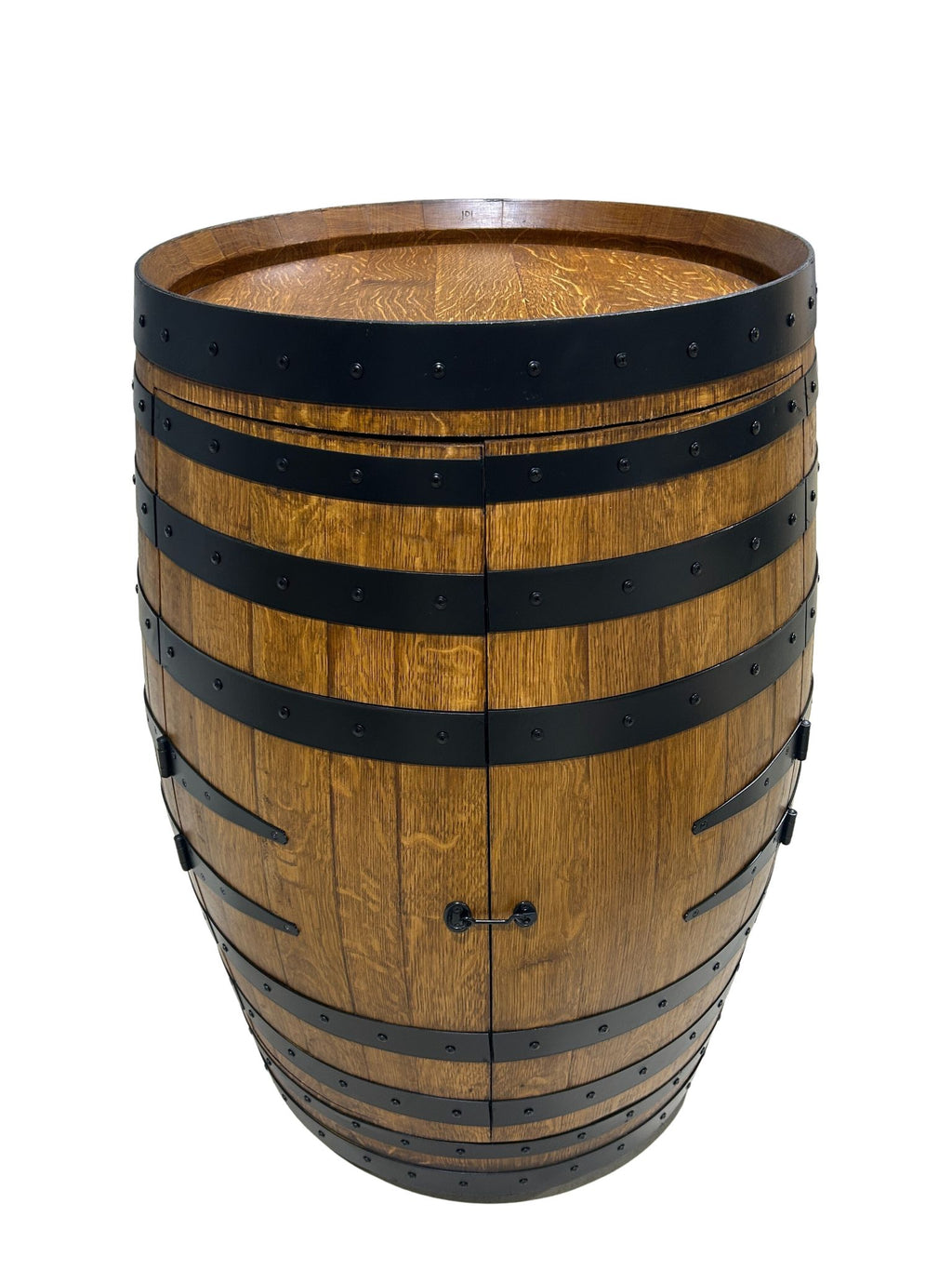 Handcrafted wine barrel mini bar with bottle and glass storage – rustic home bar furniture