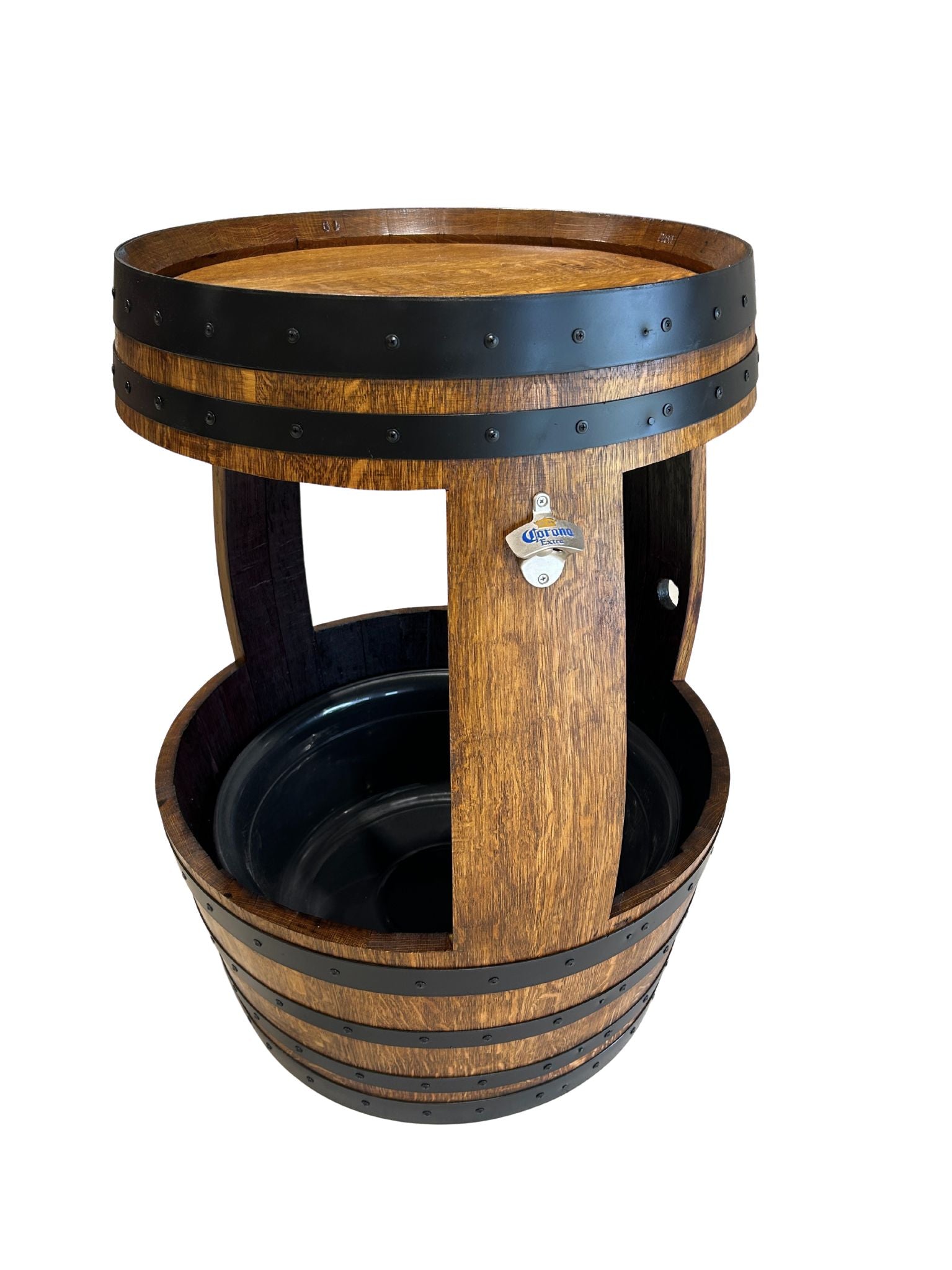 Rustic wine barrel esky with removable ice tub and built-in bottle opener – perfect for outdoor entertaining