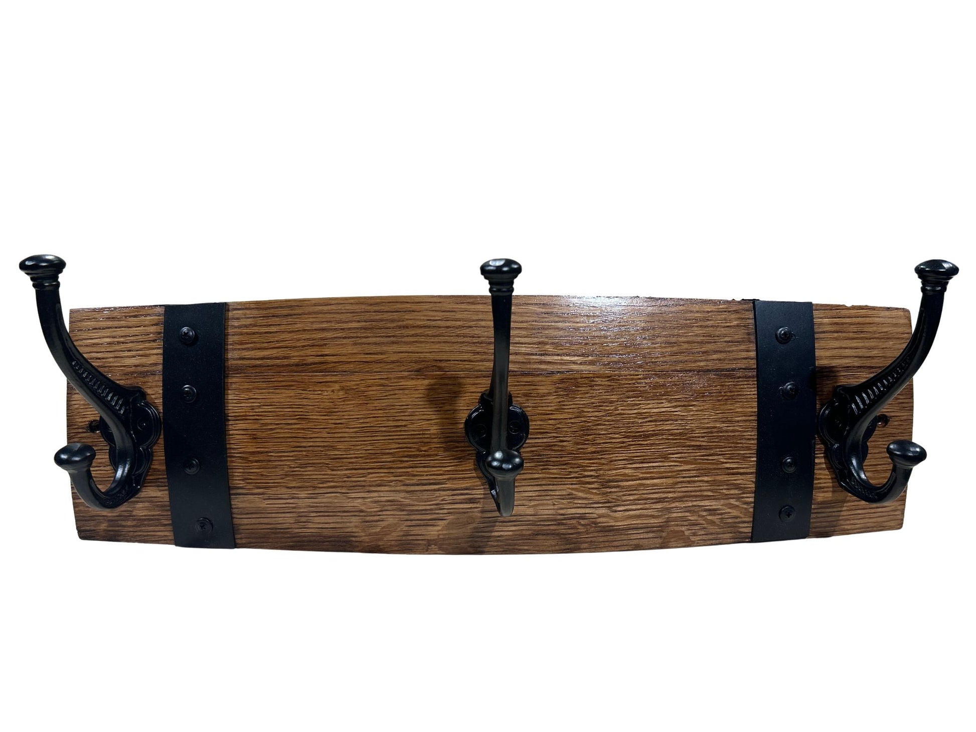 Rustic wine barrel coat rack handcrafted from reclaimed oak barrels with metal hooks – sustainable and stylish wall-mounted entryway organise