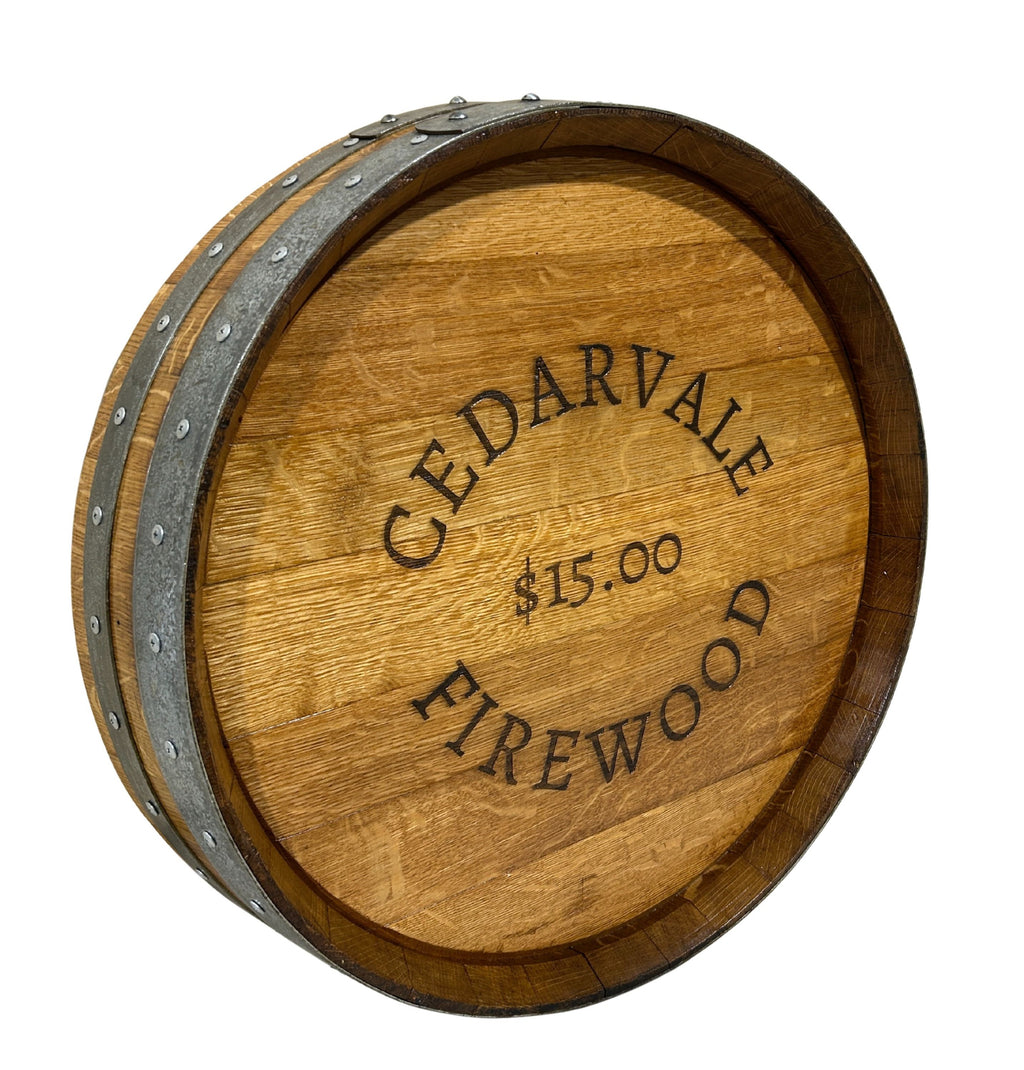 Custom laser engraved 630mm wine barrel head sign made from reclaimed wine barrel