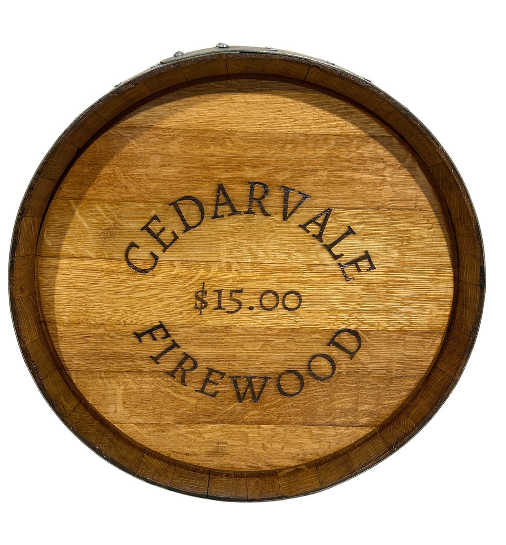 Custom laser engraved 630mm wine barrel head sign made from reclaimed wine barrel