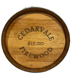 Custom laser engraved 630mm wine barrel head sign made from reclaimed wine barrel