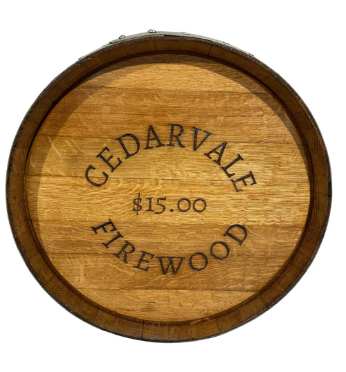 Custom laser engraved 630mm wine barrel head sign made from reclaimed wine barrel