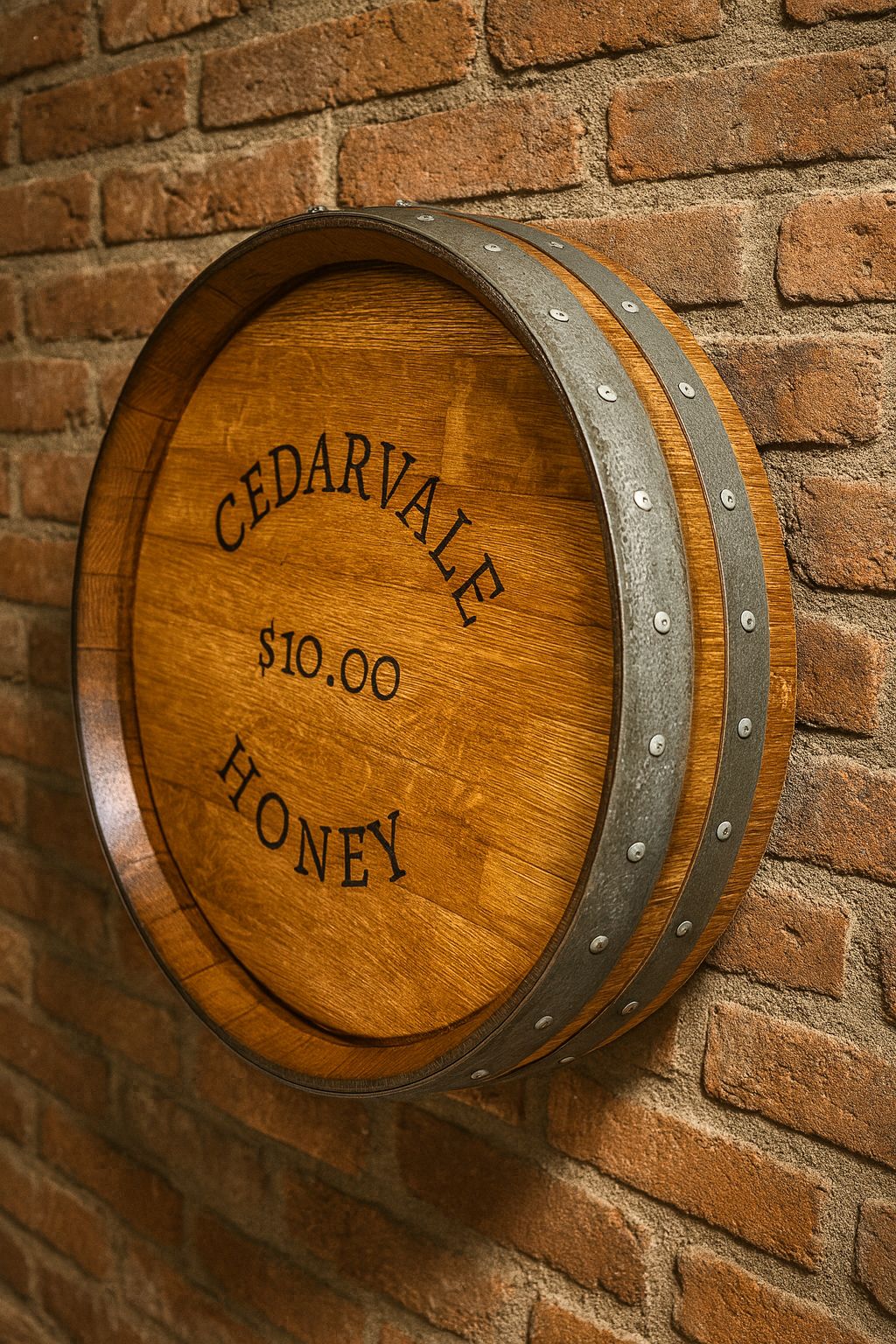 Custom laser engraved 630mm wine barrel head sign made from reclaimed wine barrel against a brick background